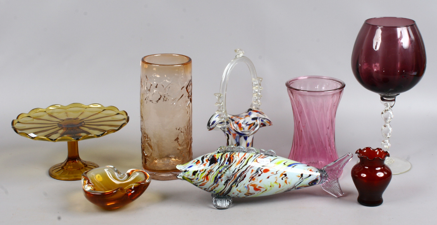 A group of glasswares to include Murano style fish, Wedgwood vase,