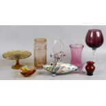 A group of glasswares to include Murano style fish, Wedgwood vase,