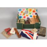 A box of collectables and ephemera to include scrapbook of Historical Leeds,