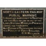 A large 1920s painted cast iron North Eastern railway public warning sign.