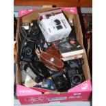 A box of various cameras to include Canon, Olympus, Konica etc.