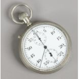 A chronograph pocket watch with two subsidiary dials in white metal case.