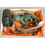 A box of Indian metalwares including two white metal belts,