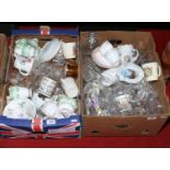 Two boxes of miscellaneous to include bone china teawares, cut glass decanters, drinking vessels,