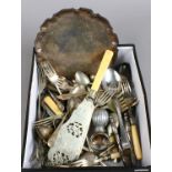 A box of silver plated items including cutlery, tray etc.
