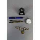 Pens, pyramid ink well, rings, pocket watch