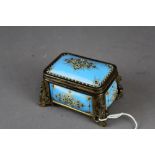 19th Century French ormolu mounted Sevres style turquoise porcelain and silk lined jewellery box,