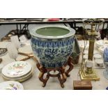 Reproduction Chinese blue and white pottery fish bowl & hardwood stand