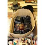 Box of vintage spectacles & cameras