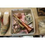 Box of hunting related items, horns, booklet etc