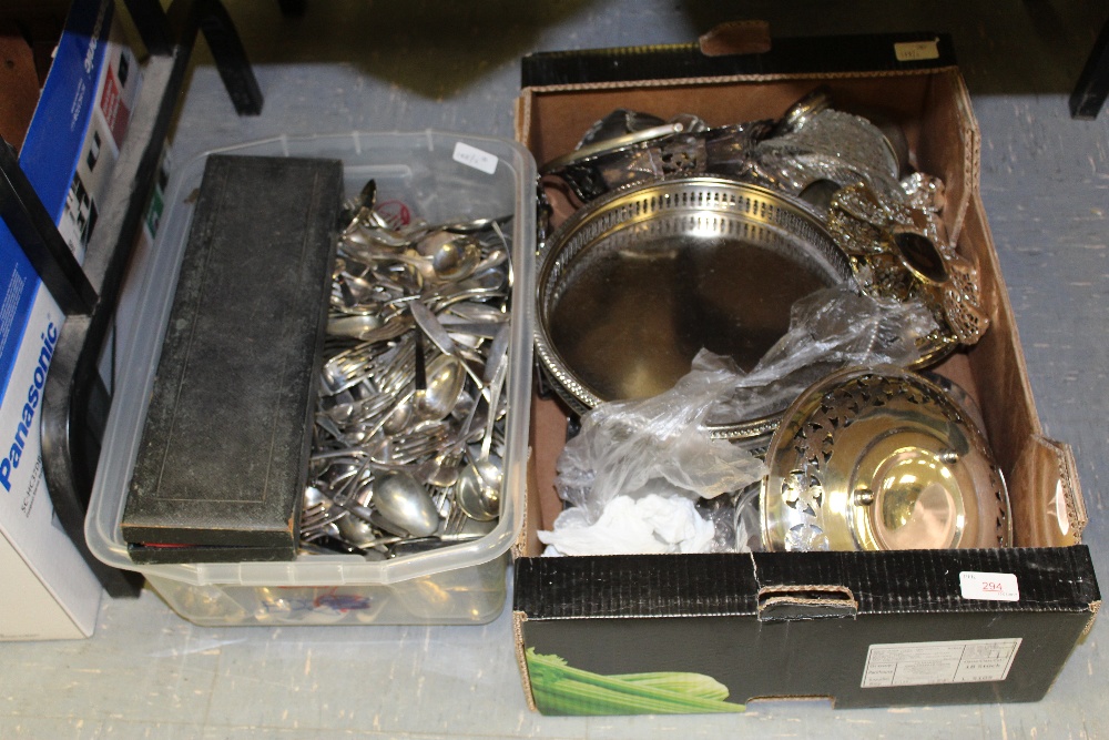 2 boxes of misc plated wares, flatware, cutlery etc