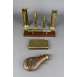 A Group of Trench art and military items including copper hip flask, Bullet lighter, Shell vases
