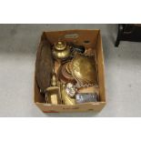 Box of brass & copper wares, spitoon etc
