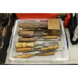 13 vintage carpenters chisels and mallet