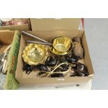 Box of brass toffee pans, ebony elephants etc