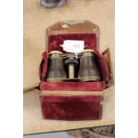 Cased set of brass binoculars