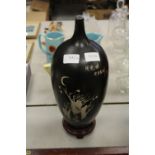 Japanese signed Studio pottery vase, with etched design on black ground (drilled to base), with