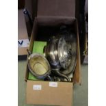 Box of plated wares, cutlery, teapot & sugar