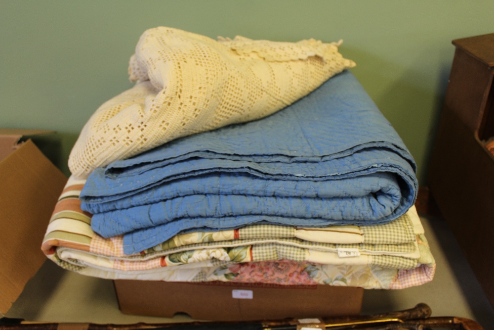 Box of soft goods, linen, quilts