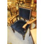 Oak armchair with blue upholstery