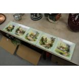 5 painted tiles, church scenes etc