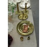 Pair of brass candlesticks, chamber stick etc