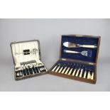 Oak canteen of fish cutlery & cased desert flatware