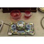 Maling dressing table wares & cranberry glass sugar & cream