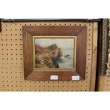 Oak framed oil on board-coastal scene