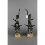 Pair of cast spelter figures on hardstone bases