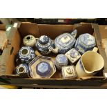 Box of blue and white, Ringtons, ginger jars etc