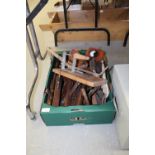 Box of wooden tools etc
