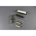 Bag of 3 mother-of-pearl penknives, 2 others & Metropolitan whistle