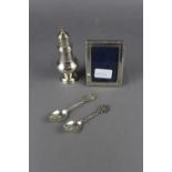 Silver photograph frame, caster & 2 spoons