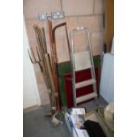 2 folding card tables + step ladders and garden tools