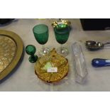 Sowerby glass trough, green wine glasses etc