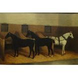 Albert Clark (1843-1928) - Oil painting - Stable interior scene with three horses 'Miss Talent', '