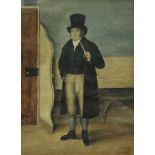 19th Century School - Watercolour - 'The Groom', standing smoking a pipe, 30cm x 22cm, in reeded