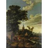 18th Century Dutch School - Oil painting on oak panel - Humorous country river landscape, with