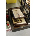 Box of various horse themed items, jockey prints etc