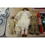 2 bisques headed dolls, bear & sailor