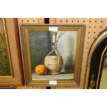 E. Doughty, oil painting, still life with a wine bottle and orange, 28cm x 23cm, signed, in gilt