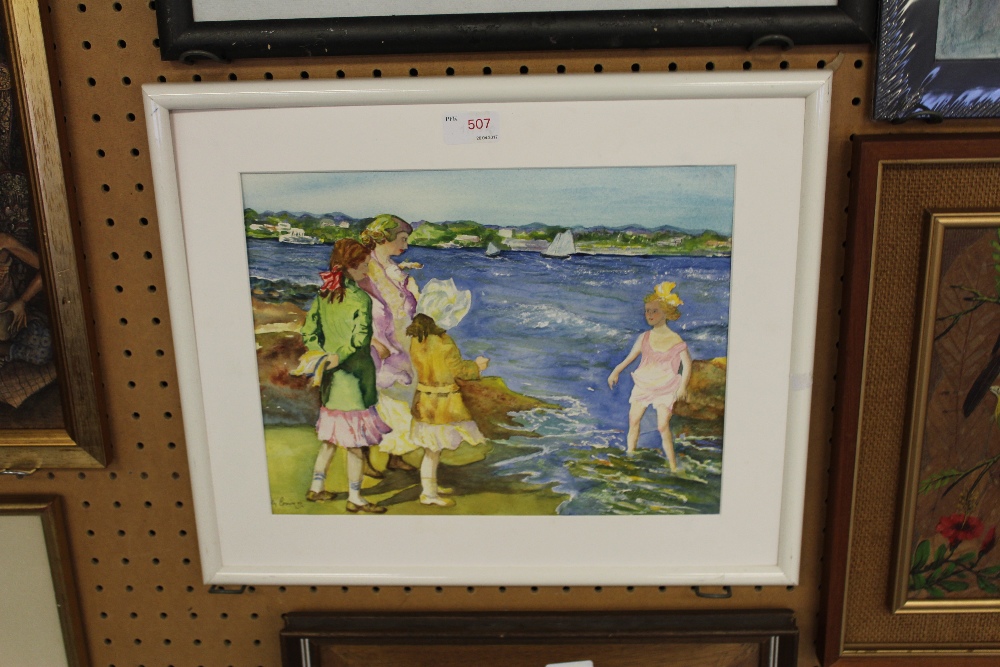 Dolly Crown, watercolour, Coastal scene with mother and children, painted in a 1940's style, 27cm