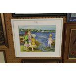 Dolly Crown, watercolour, Coastal scene with mother and children, painted in a 1940's style, 27cm