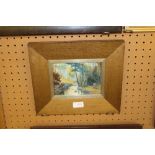 E.V. Busse (19th Century), watercolour, River landscape, 12cm x 17cm, in gilded oak frame and