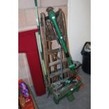 Galvanised bucket, step ladders, garden tools etc