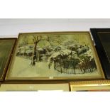 20th Century oil painting, Town park snow scene, board 67cm x 99cm, indistinctly signed and dated '