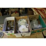 3 boxes of teawares, glass bowls, tureens, brass candlesticks