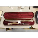 Victorian antler handled two piece carving set with plated mounts, contained in leather case