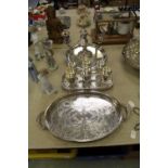 3 Silver plate trays, goblets and candelabra